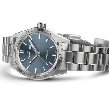 Hamilton Jazzmaster Performer automatic watch blue dial steel bracelet 34 mm