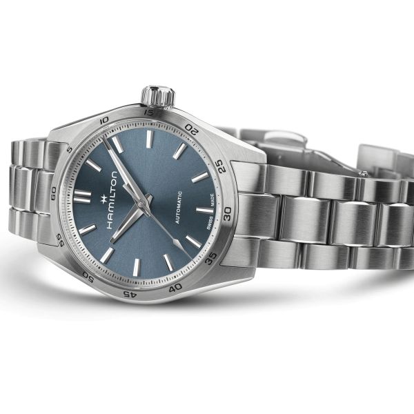 Hamilton Jazzmaster Performer automatic watch blue dial steel bracelet 34 mm