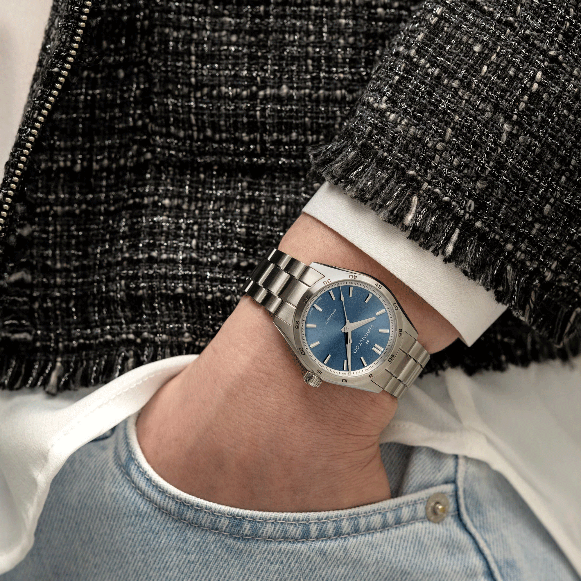 Hamilton Jazzmaster Performer automatic watch blue dial steel bracelet 34 mm