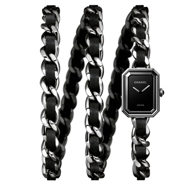 CHANEL Première Chain Iconic quartz watch black lacquered dial black steel and leather triple turn chain bracelet 15 mm