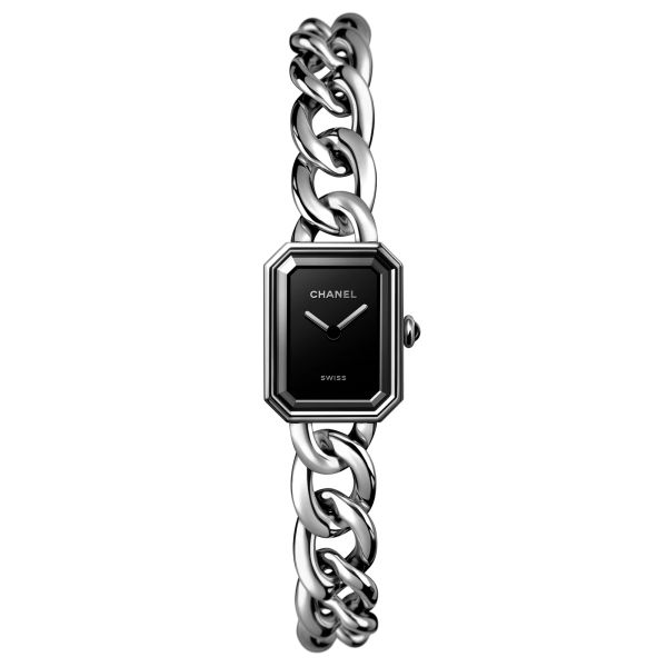 CHANEL Première Chaîne Gourmette quartz watch black lacquered dial steel bracelet small model