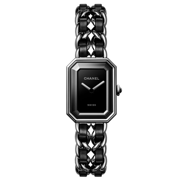 Montre CHANEL Première Chaîne Iconique quartz cadran laqué noir bracelet acier et cuir noir 20 mm