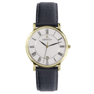 Montre Michel Herbelin Classiques quartz acier PVD or jaune cadran blanc bracelet cuir gris 38 mm
