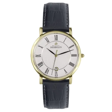 Montre Michel Herbelin Classiques quartz acier PVD or jaune cadran blanc bracelet cuir gris 38 mm