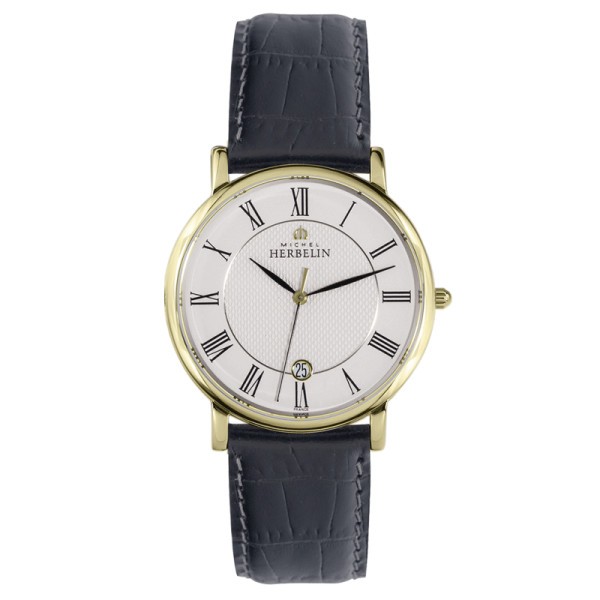 Montre Michel Herbelin Classiques quartz acier PVD or jaune cadran blanc bracelet cuir gris 38 mm