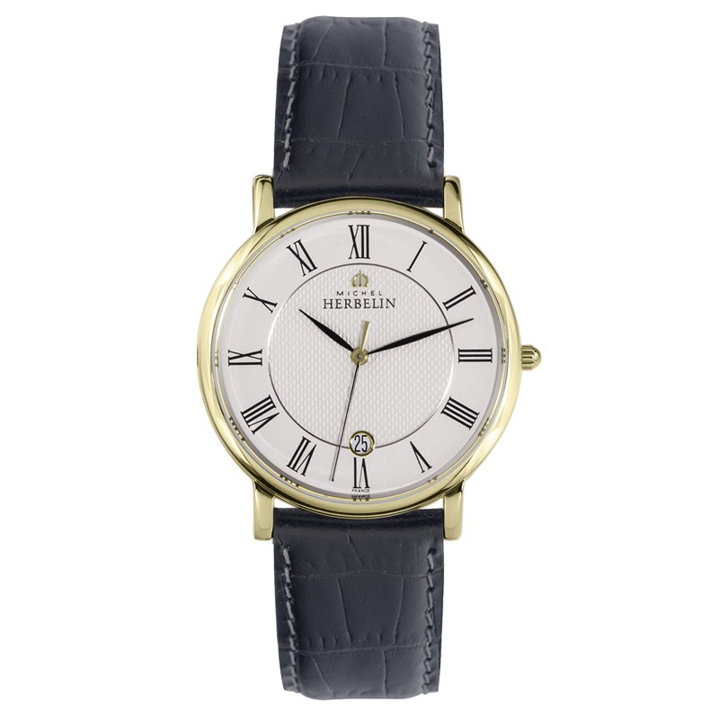 Montre Michel Herbelin Classiques quartz acier PVD or jaune cadran blanc bracelet cuir gris 38 mm