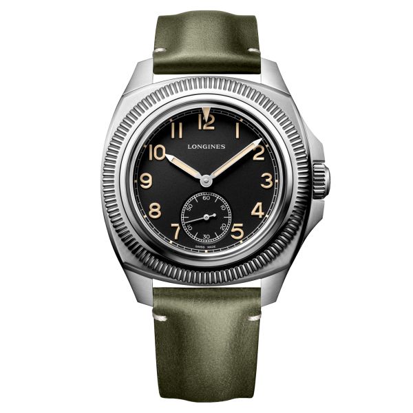 Montre Longines Pilot Majetek automatique cadran noir bracelet cuir vert 43 mm L2.838.4.53.2