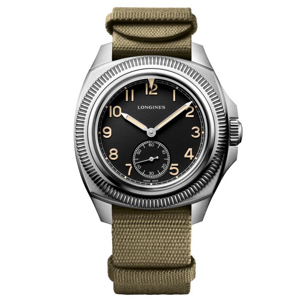 Montre Longines Pilot Majetek automatique cadran noir bracelet tissu vert 43 mm L2.838.4.53.8
