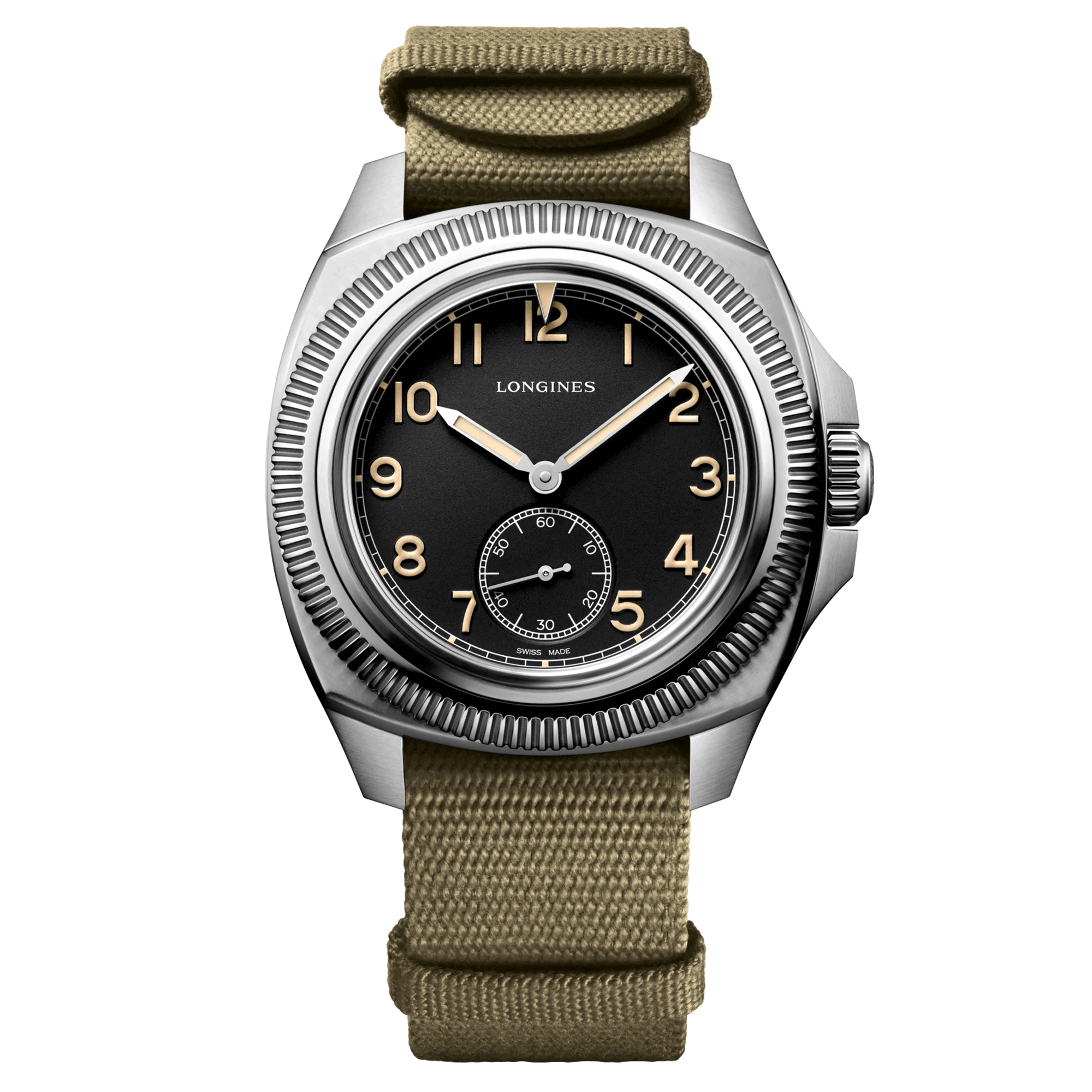 Montre Longines Pilot Majetek automatique cadran noir bracelet tissu vert 43 mm L2.838.4.53.8