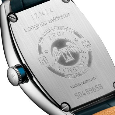 Longines Evidenza automatic watch with petrol dial and petrol crocodile leather strap 26 x 30.60 mm