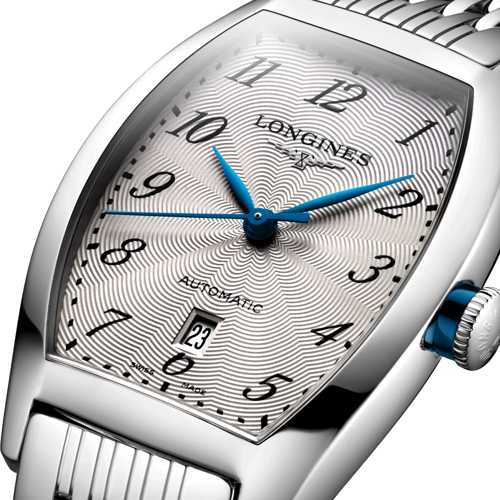 Montre Longines Evidenza automatique cadran argenté chiffres arabes bracelet acier