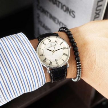 Montre Michel Herbelin Classiques quartz cadran blanc bracelet cuir gris 38 mm