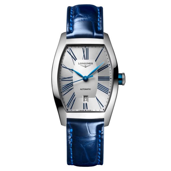 Montre Longines Evidenza automatique cadran argent bracelet cuir croco bleu 28 x 30,60 mm L2.142.4.70.2