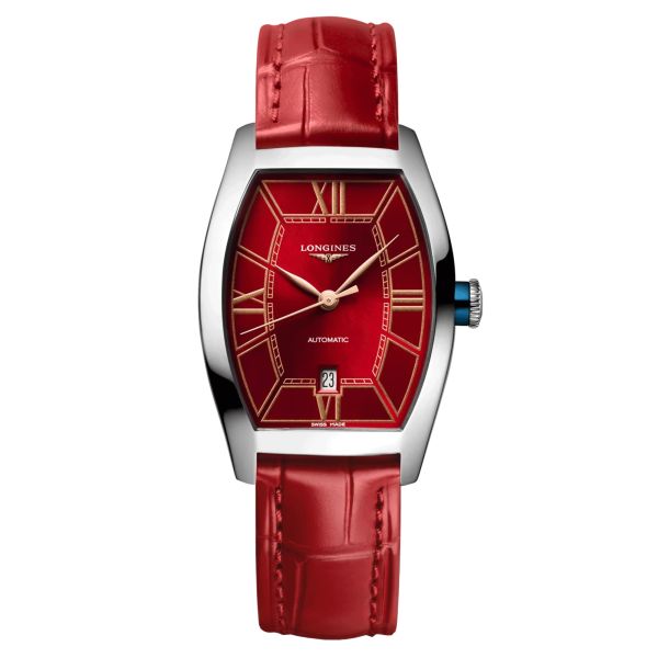 Montre Longines Evidenza automatique cadran rouge bracelet cuir rouge 26 x 30,60 mm L2.142.4.09.2