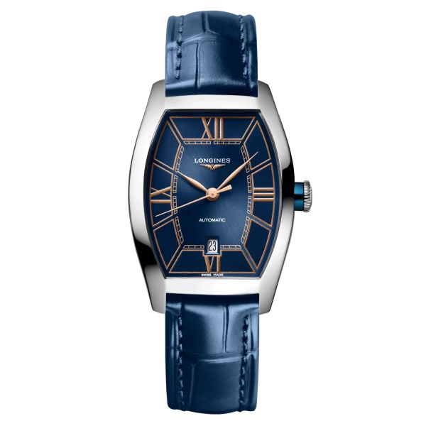 Montre Longines Evidenza automatique cadran bleu bracelet cuir bleu 26 x 30,60 mm L2.142.4.96.2