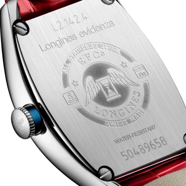 Montre Longines Evidenza automatique cadran argenté bracelet cuir rouge 26 x 30,60 mm L2.142.4.76.2