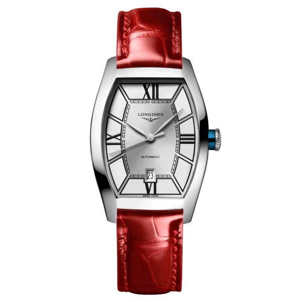 Montre Longines Evidenza automatique cadran argenté bracelet cuir rouge 26 x 30,60 mm L2.142.4.76.2