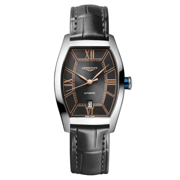 Montre Longines Evidenza automatique cadran anthracite bracelet cuir anthracite 26 x 30,60 mm L2.142.4.56.2