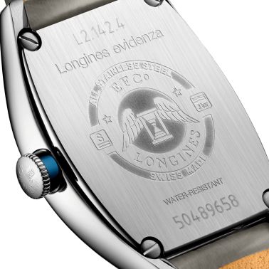Longines Evidenza automatic watch champagne dial grey leather strap 26 x 30,60 mm