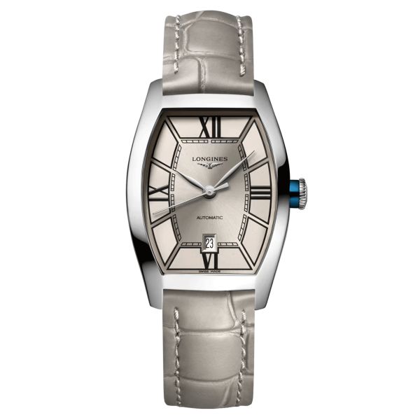 Montre Longines Evidenza automatique cadran champagne bracelet cuir gris 26 x 30,60 mm L2.142.4.66.2