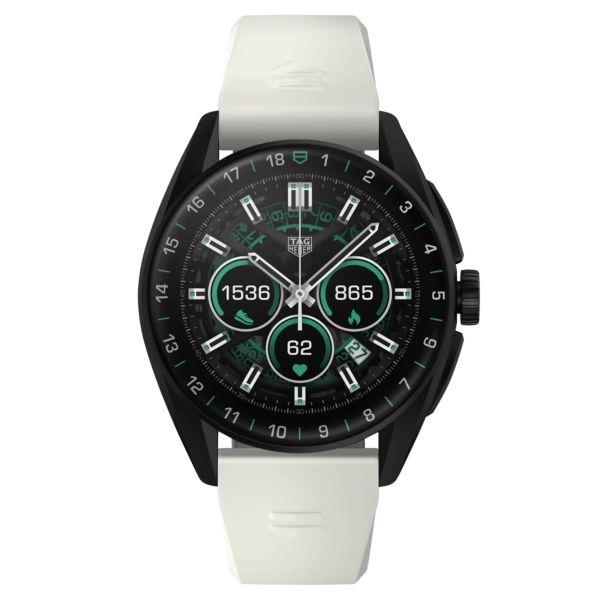 Montre TAG Heuer Connected Edition Golf Calibre E4 Titane noir bracelet caoutchouc blanc 42 mm SBR8080.EB0284