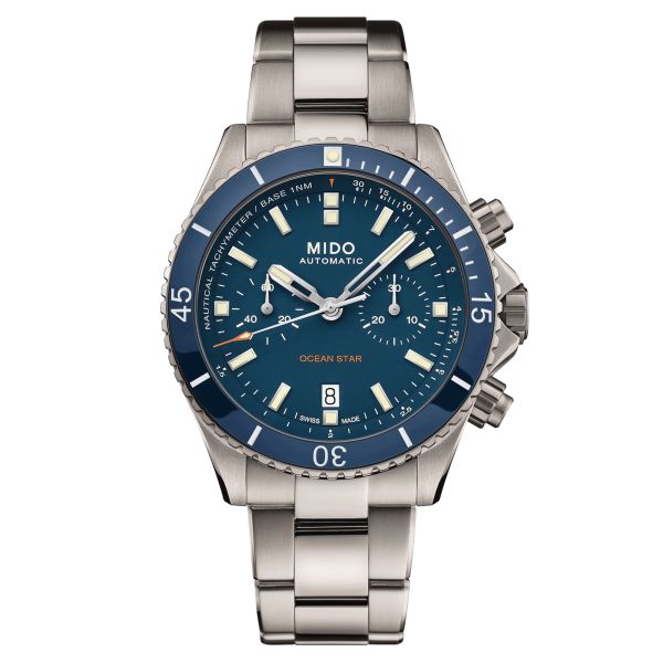 Mido Ocean Star Chronograph automatic watch blue dial titanium bracelet 44 mm