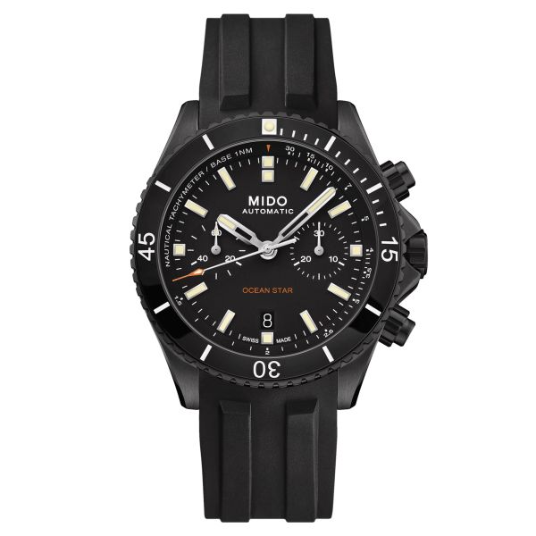 Mido Ocean Star Chronograph automatic watch black dial black rubber strap 44 mm