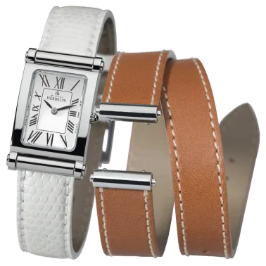 Montre Michel Herbelin Coffret Antarès quartz cadran argent chiffres romains bracelets cuir blanc et miel