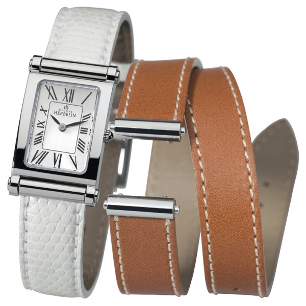 Montre Michel Herbelin Coffret Antarès quartz cadran argent chiffres romains bracelets cuir blanc et miel