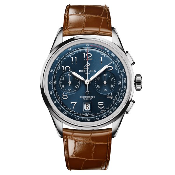 Montre Breitling Premier B01 Chronograph automatique cadran bleu bracelet cuir brun 42 mm AB0145171C1P1