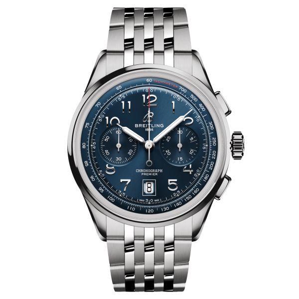 Montre Breitling Premier B01 Chronograph automatique cadran bleu bracelet acier 42 mm AB0145171C1A1