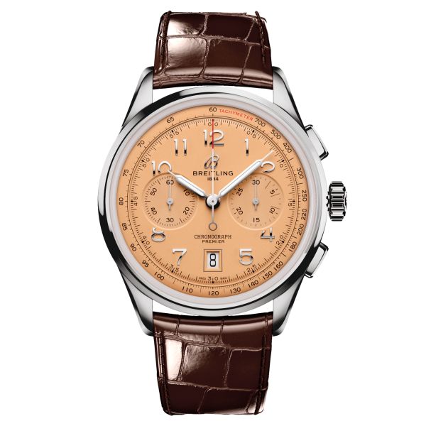 Montre Breitling Premier B01 Chronograph automatique cadran orange bracelet cuir brun 42 mm AB0145331K1P1