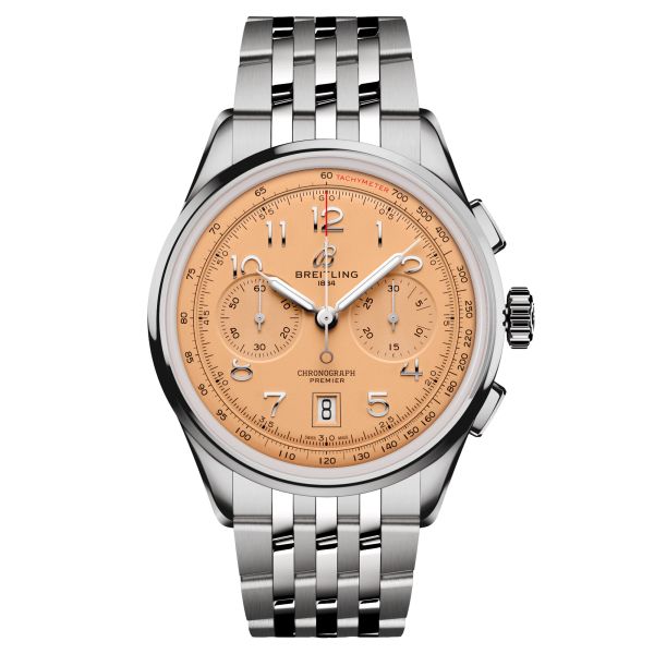 Breitling Premier B01 Chronograph automatic watch salmon dial steel bracelet 42 mm