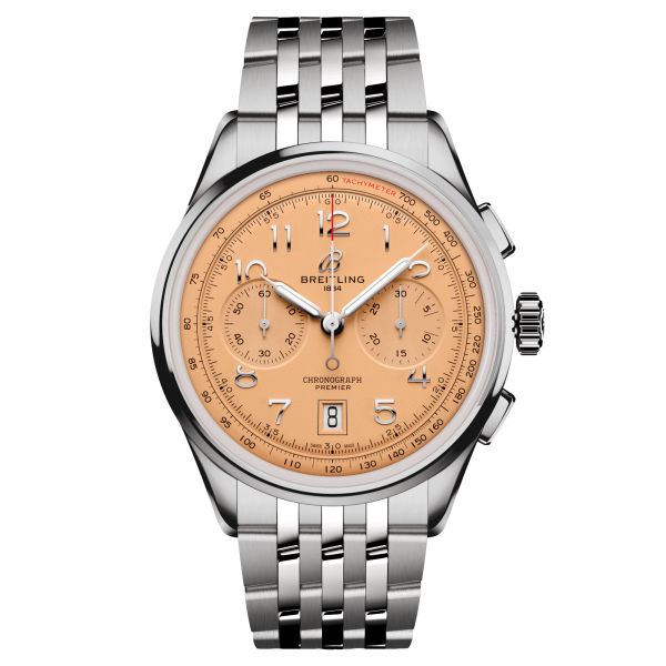 Montre Breitling Premier B01 Chronograph automatique cadran saumon bracelet acier 42 mm AB0145331K1A1