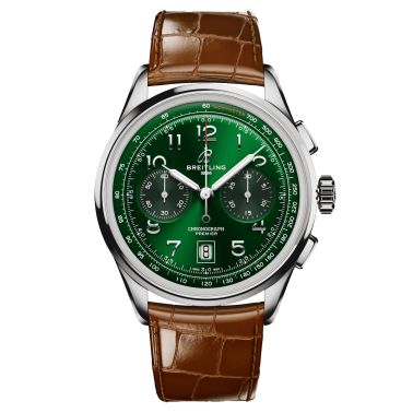 Breitling Premier B01 Chronograph automatic watch green dial brown leather strap 42 mm AB0145371L1P1