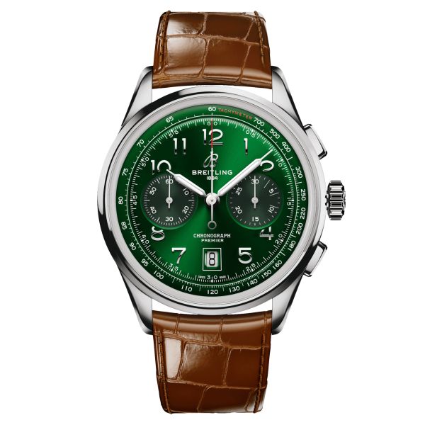 Breitling Premier B01 Chronograph automatic watch green dial brown leather strap 42 mm