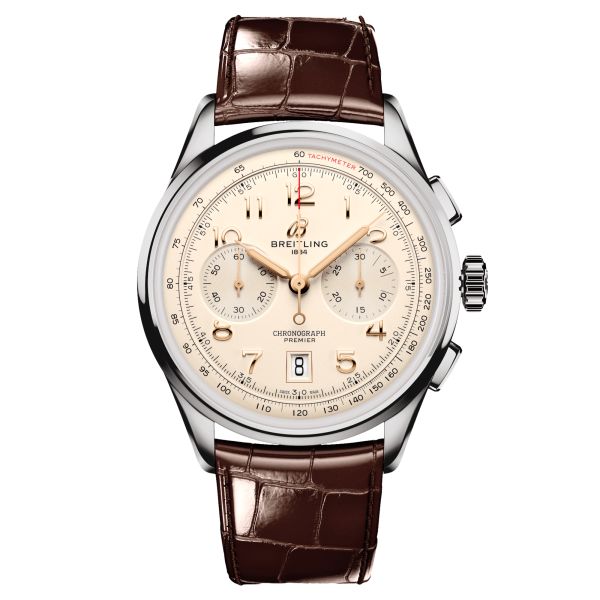 Montre Breitling Premier B01 Chronograph automatique cadran argent bracelet cuir brun 42 mm AB0145211G1P1