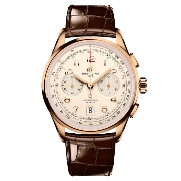 Montre Breitling Premier B01 Chronograph Or Rose automatique cadran argent bracelet cuir brun 42 mm RB0145371G1P1