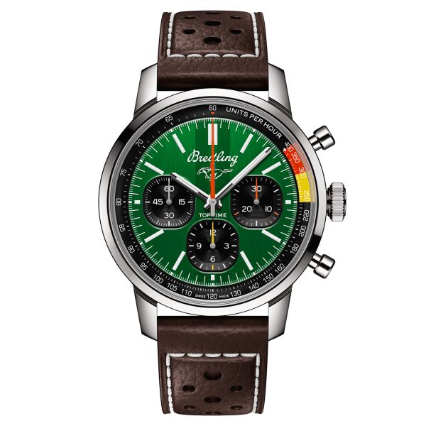 Breitling Top Time B01 Ford Mustang automatic watch green dial brown leather strap 41 mm