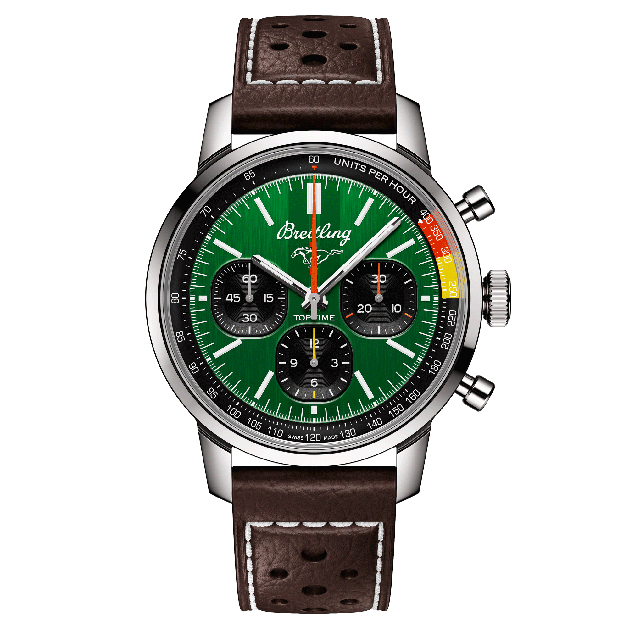 Breitling Top Time B01 Ford Mustang automatic watch green dial brown leather strap 41 mm