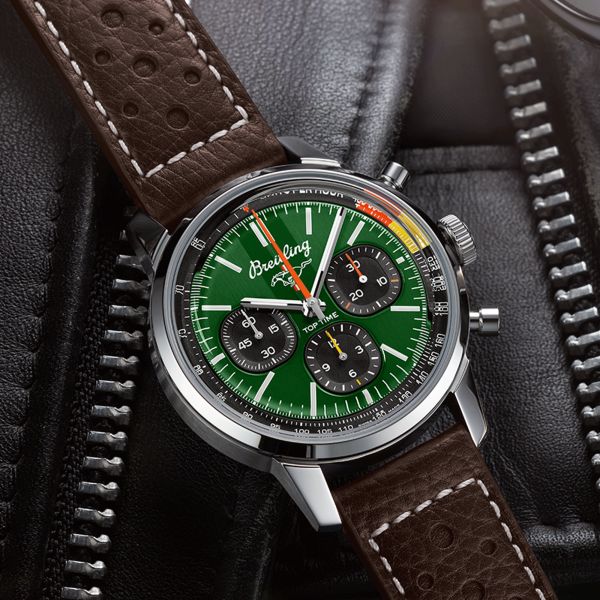 Breitling Top Time B01 Ford Mustang automatic watch green dial brown leather strap 41 mm