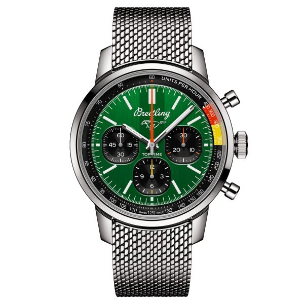 Breitling Top Time B01 Ford Mustang automatic watch green dial steel bracelet mesh 41 mm