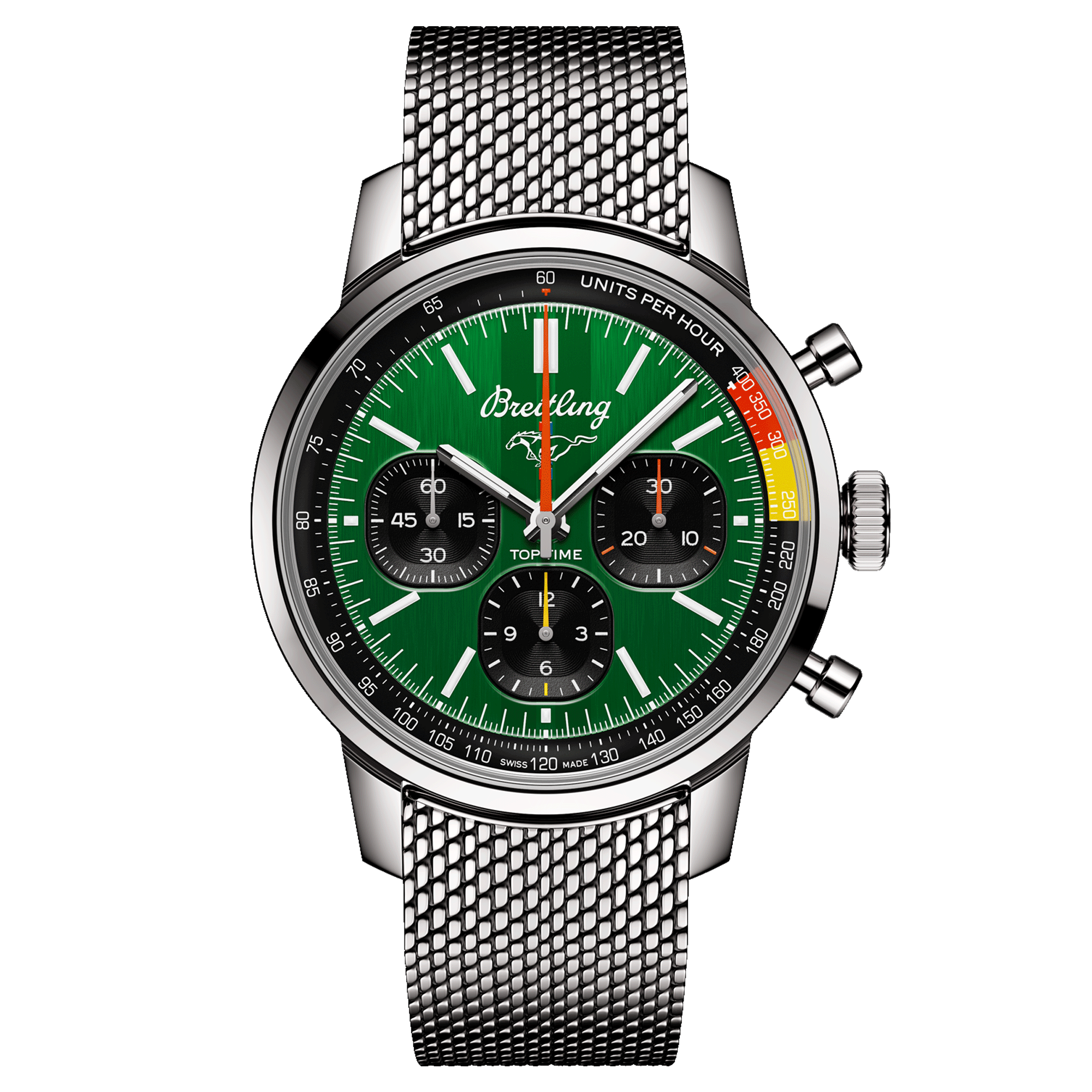 Montre Breitling Top Time B01 Ford Mustang automatique cadran vert bracelet acier maille milanaise 41 mm AB01762A1L1A1