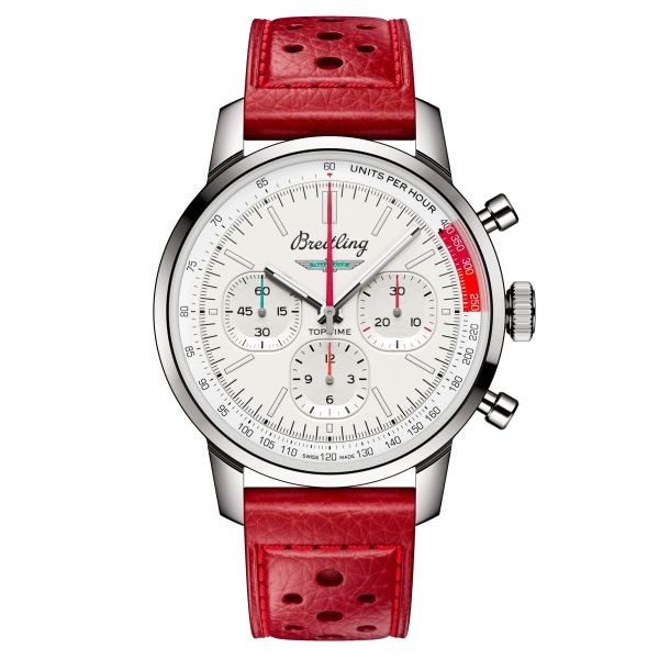 Breitling Top Time B01 Ford Thunderbird automatic watch white dial red leather strap 41 mm