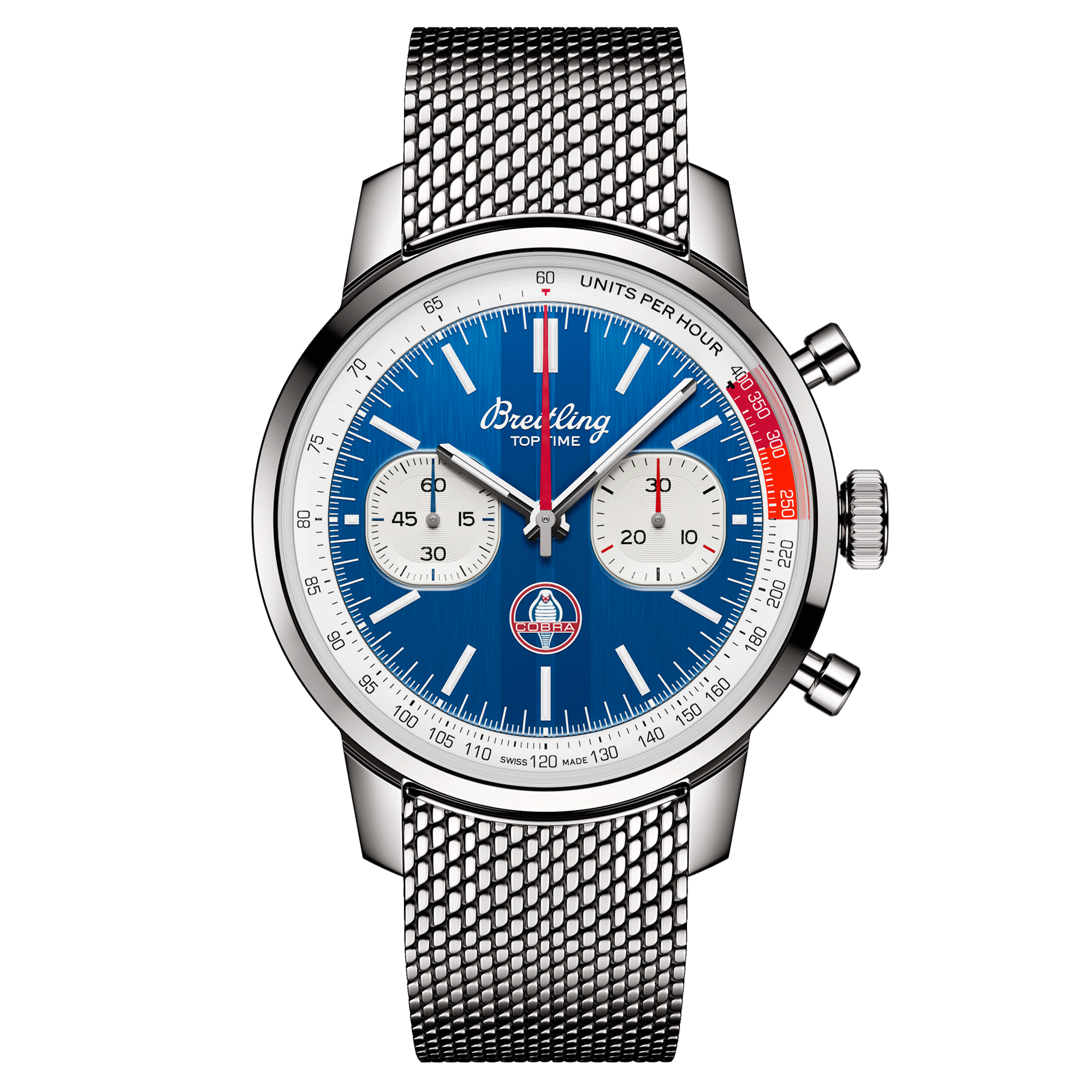 Montre Breitling Top Time B01 Shelby Cobra automatique cadran bleu bracelet acier maille milanaise 41 mm AB01763A1C1A1