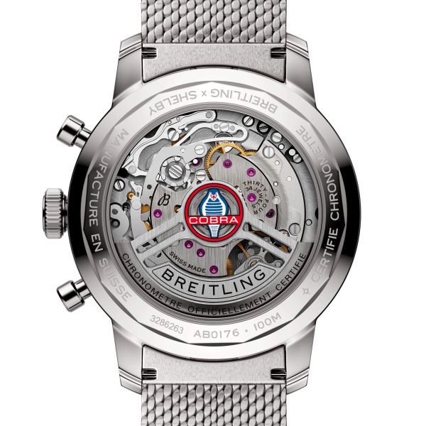 Montre Breitling Top Time B01 Shelby Cobra automatique cadran bleu bracelet acier maille milanaise 41 mm AB01763A1C1A1
