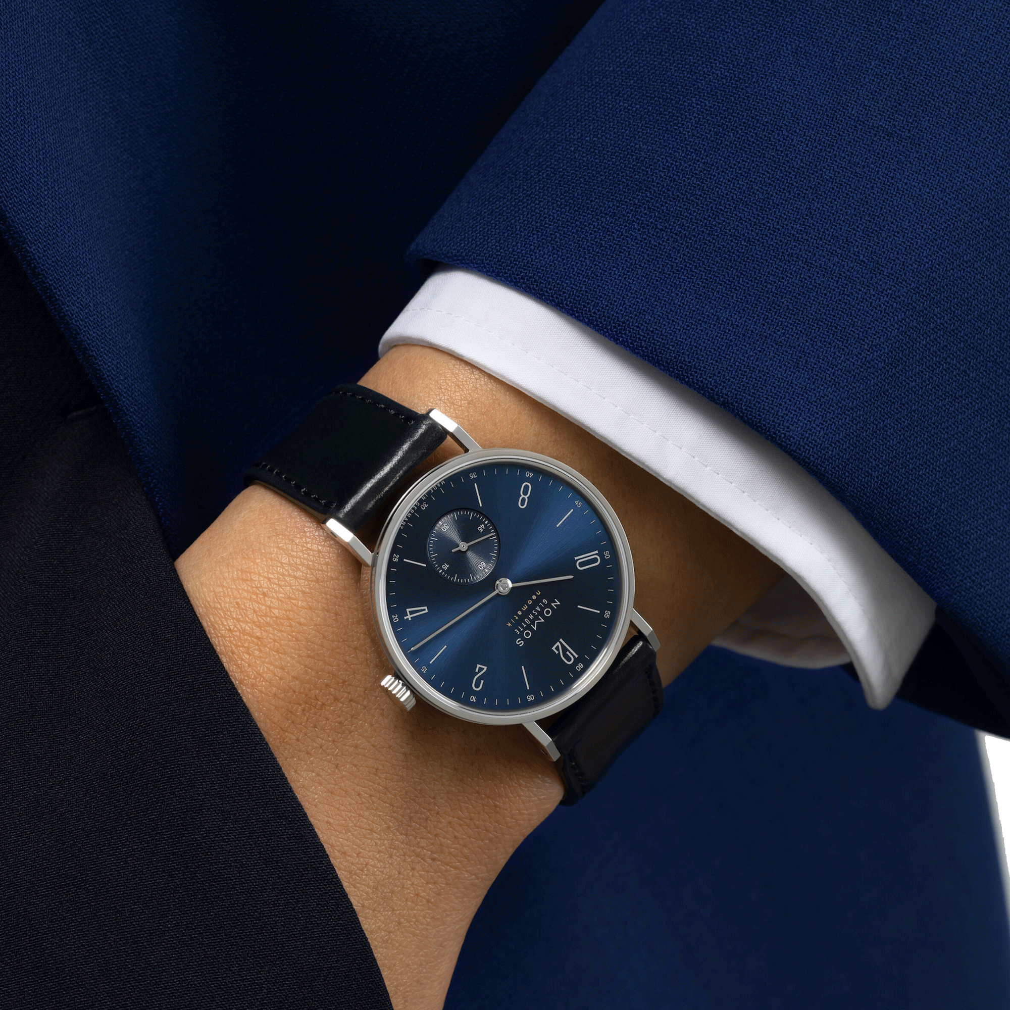 Nomos Tangente Neomatik Blue Gold automatic watch steel back blue galvanized dial black leather strap 35 mm 190