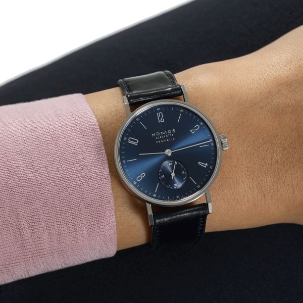 Nomos Tangente Neomatik Blue Gold automatic watch steel back blue galvanized dial black leather strap 35 mm 190
