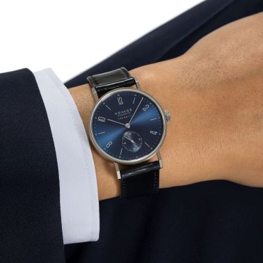 Nomos Tangente Neomatik Blue Gold automatic watch steel back blue galvanized dial black leather strap 35 mm 190