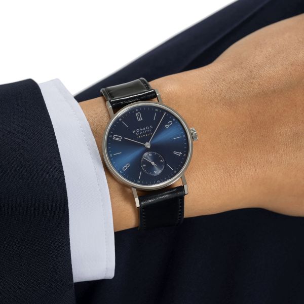 Nomos Tangente Neomatik Blue Gold automatic watch steel back blue galvanized dial black leather strap 35 mm 190